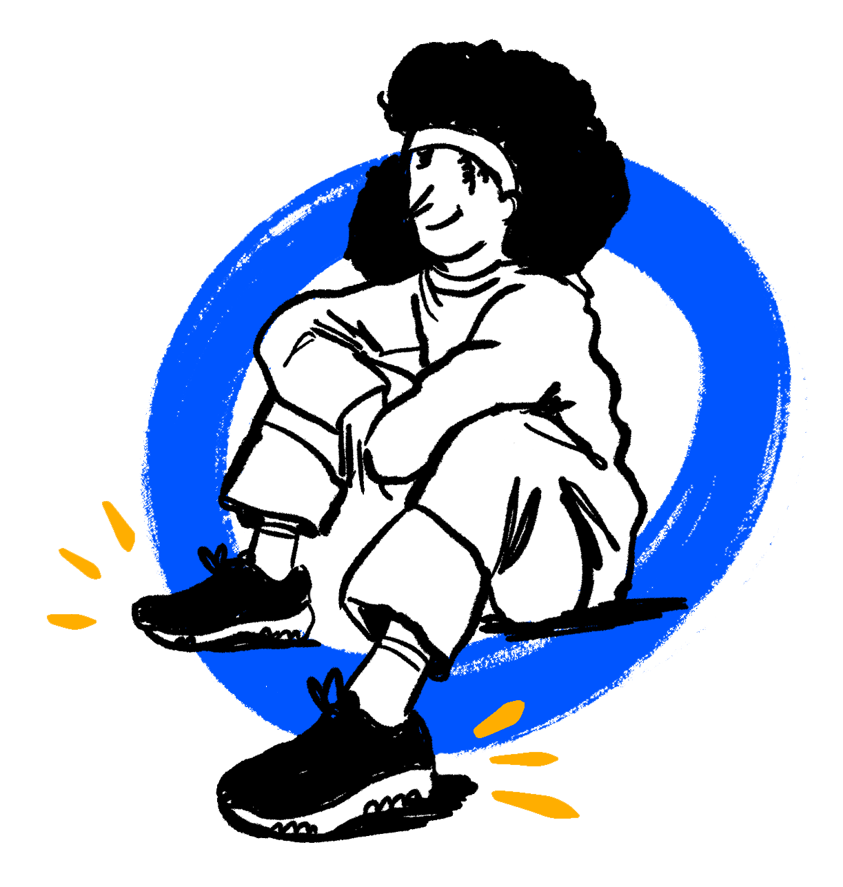 Illustration of a person with curly hair, sitting casually and smiling.